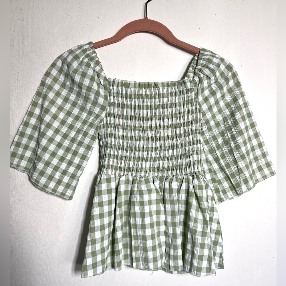 Shein Gingham Print Shirred Peplum Top Sage and White Size XS NWOT